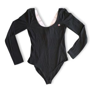 CHAMPION Woman's Black Long Sleeve Bodysuit with Elastic Straps - Medium